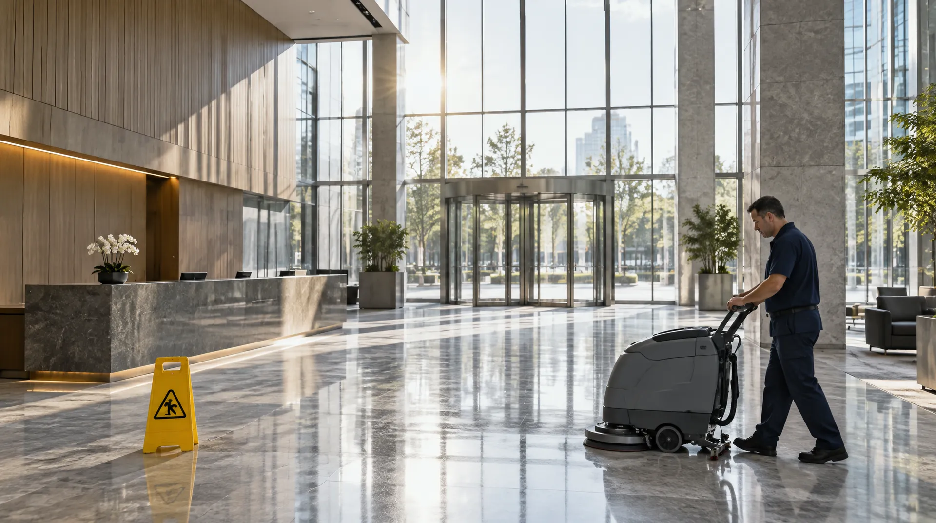 Cleaner using a professional floor scrubber across a polished commercial reception lobby