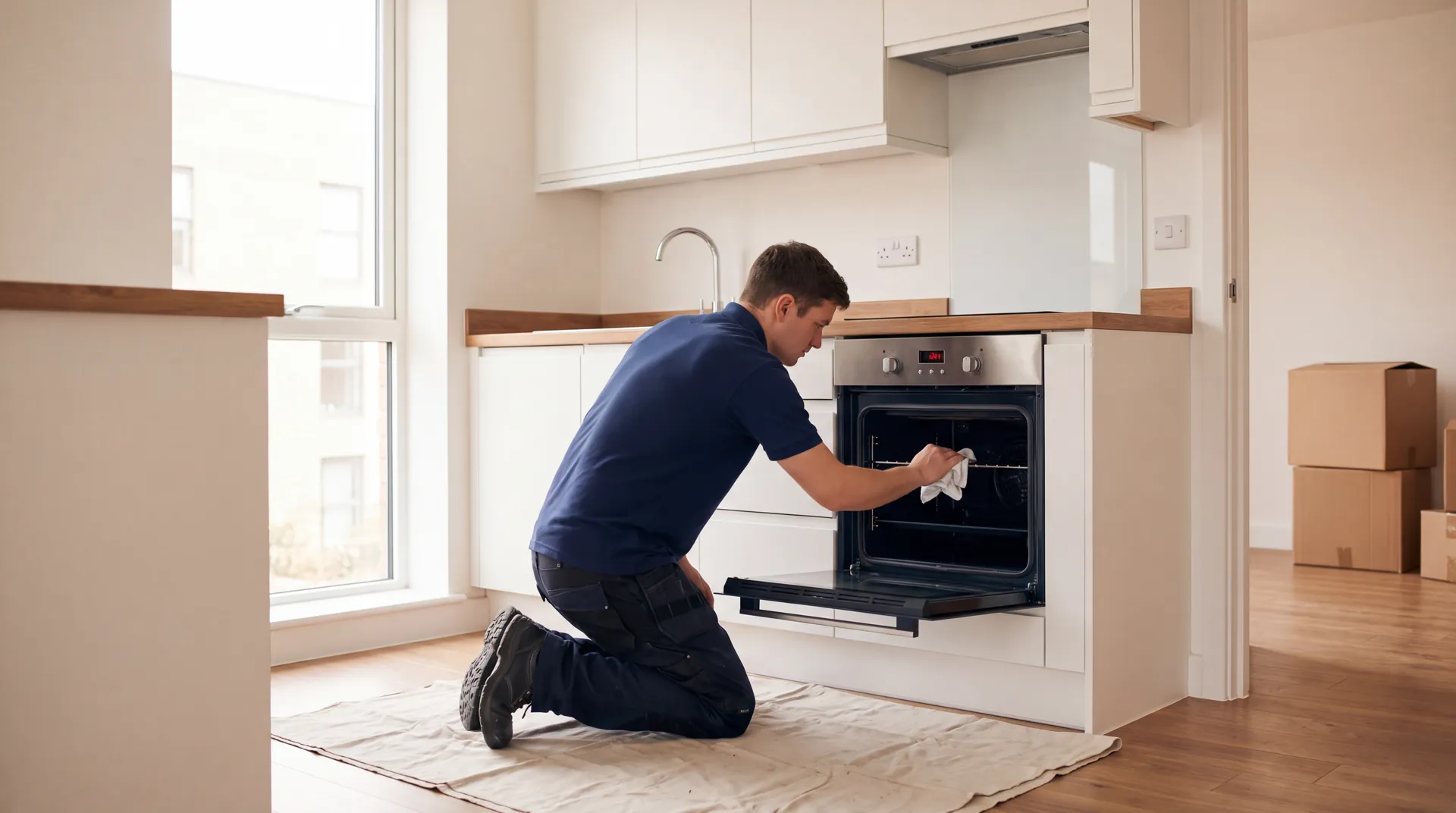 Cleaner kneeling to clean inside the oven of an empty flat ready for handover