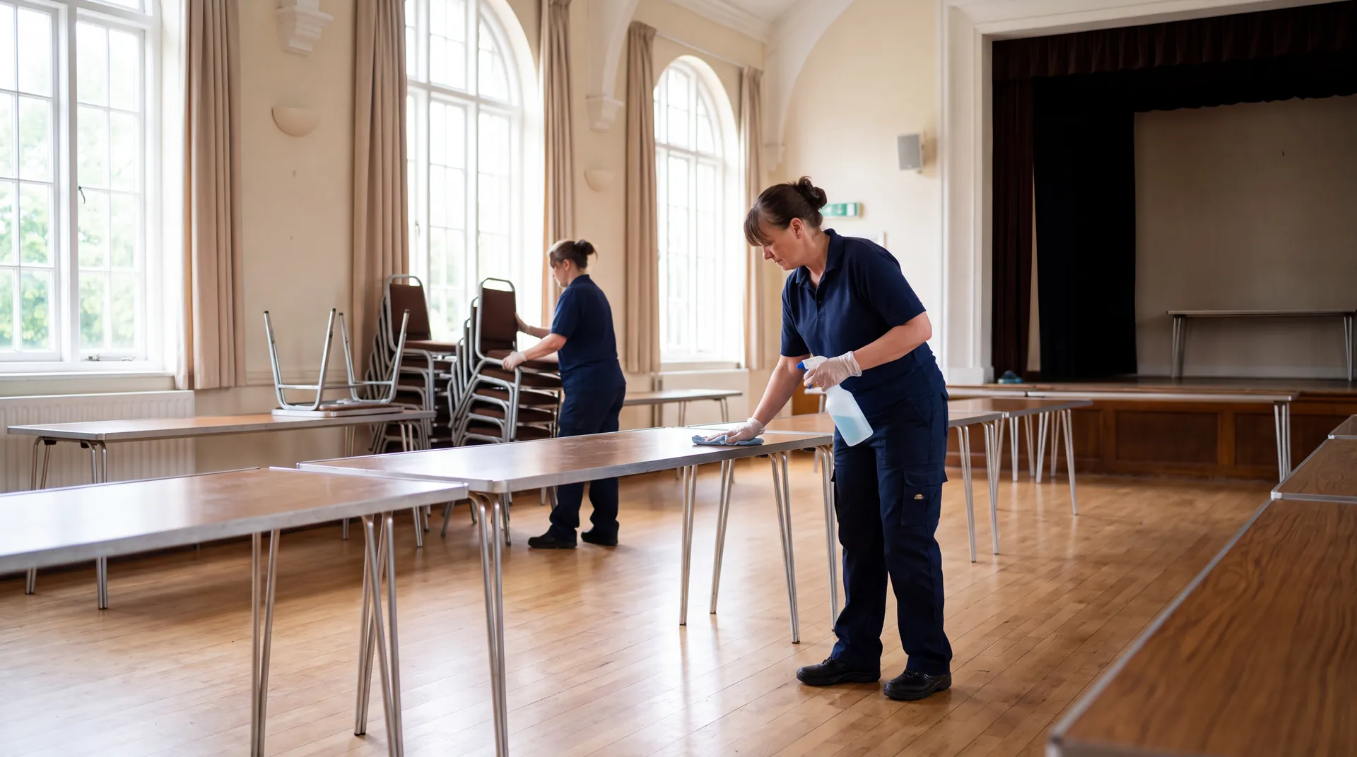 Two cleaners wiping tables and stacking chairs in a function hall after an event