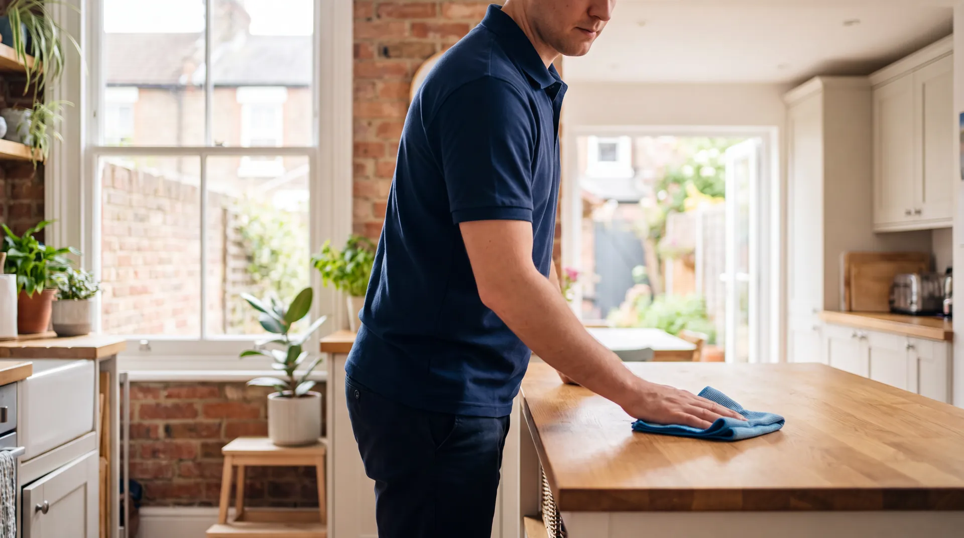 Cleaner in a navy uniform wiping a wooden kitchen island in a bright family home