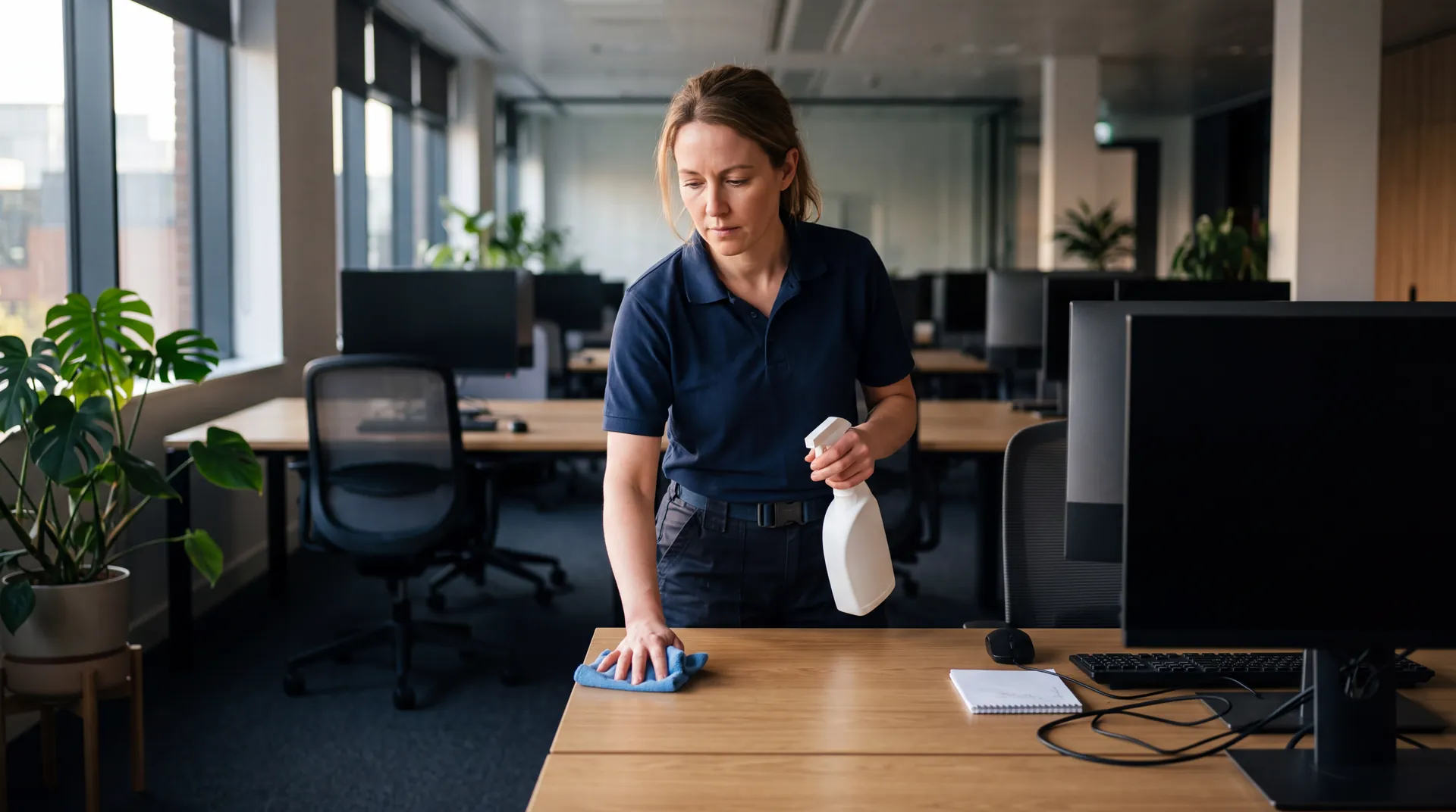Cleaner wiping down a desk with a microfibre cloth in an open-plan office
