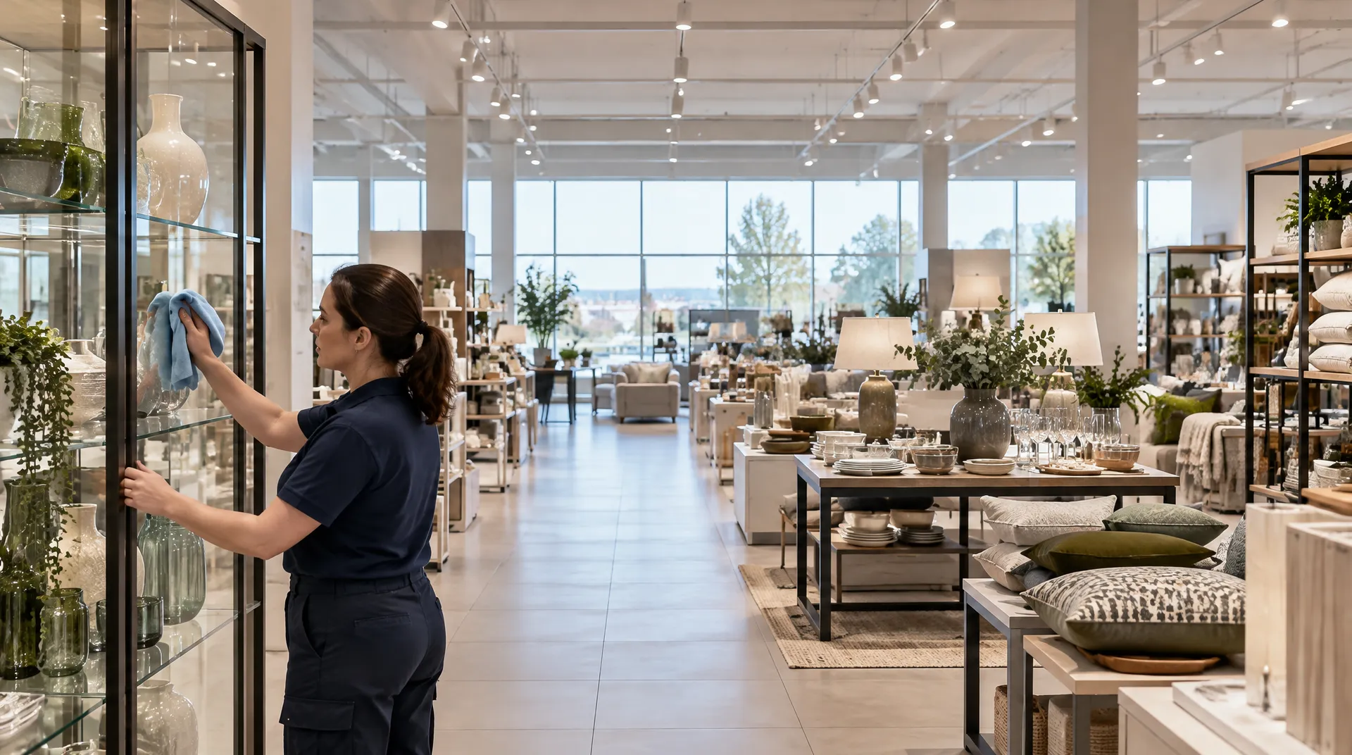 Cleaner polishing a glass display cabinet on a large homeware store floor before opening
