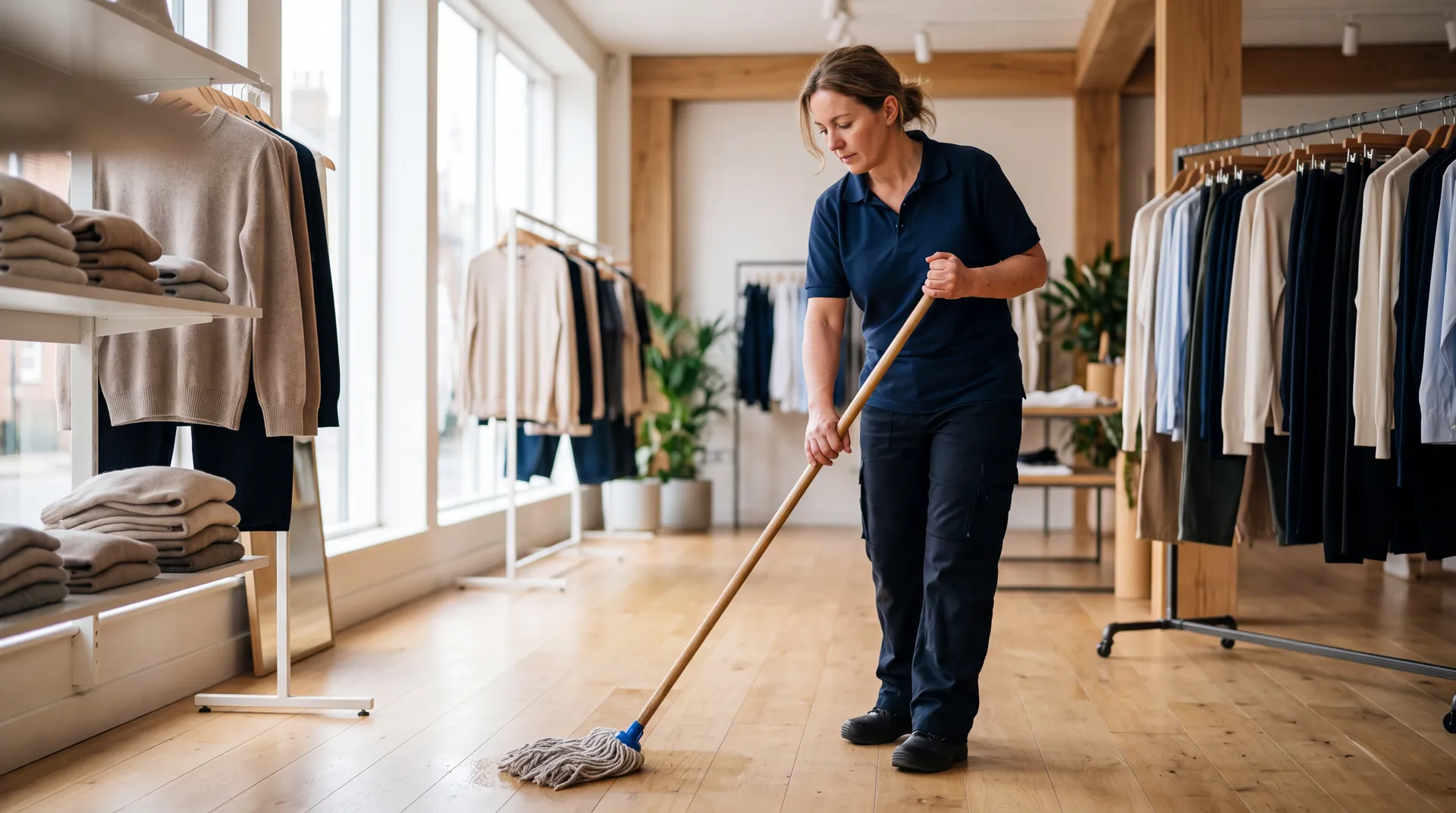 Cleaner mopping the wooden sales floor of a clothing shop before opening